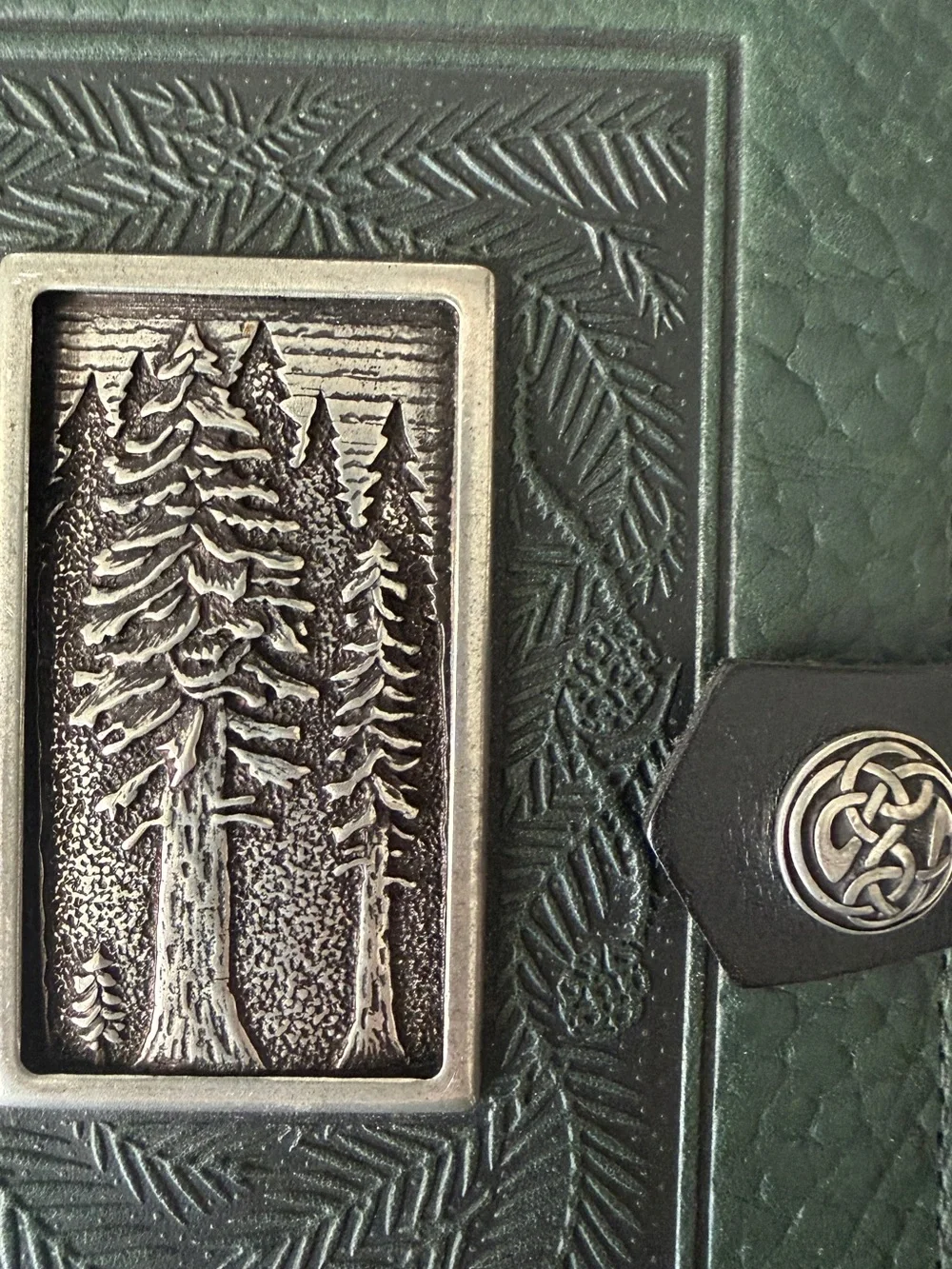 Oberon Green Embossed Pine Tree Leather Journal with Celtic Clasp